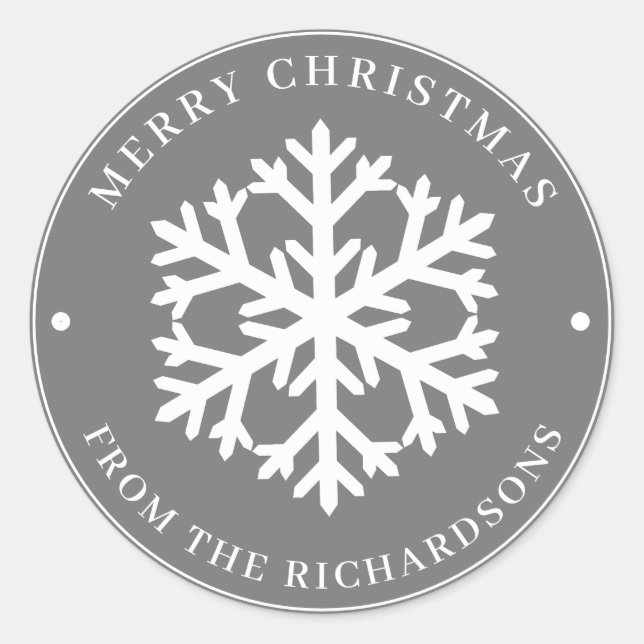 Adesivo Redondo Cinzas de Natal Feliz, Floco de Neve Branco (Frente)