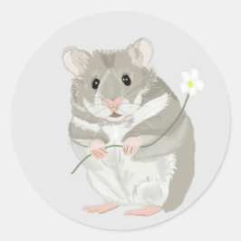Adesivo Redondo Cinzas e Hamster Branco segurando uma flor