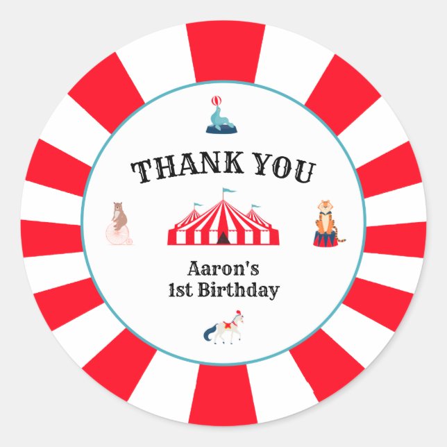 Adesivo Redondo Circo Carnaval Obrigado Aniversário Clássico Ronda (Frente)