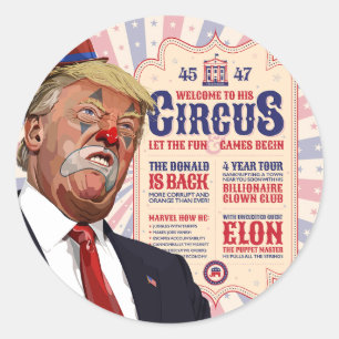 Adesivo Redondo Circo do Palhaço de Trump - Design Poster vintage