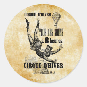 Adesivo Redondo Circo francês Acrobat com trapeze Vintage Art