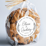 Adesivo Redondo Circular Rustic Script Greenery Obrigado Casamento<br><div class="desc">O na moda rústico adesivo circular moderno apresenta verde na forma circular com curvas,  letras e nomes de script no meio com uma data.</div>