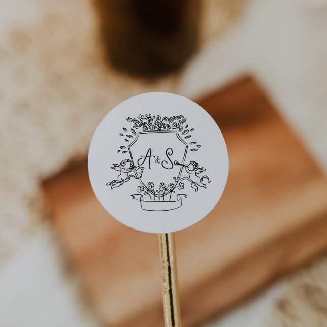 Adesivo Redondo Circulo Caseiro de Monograma Desenho Mão (hand drawn crest round sticker, envelope circle sticker label, wedding hand written monogram)