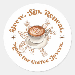 Adesivo Redondo Círculo de Amantes de Café Brew Sip Repeat Arte