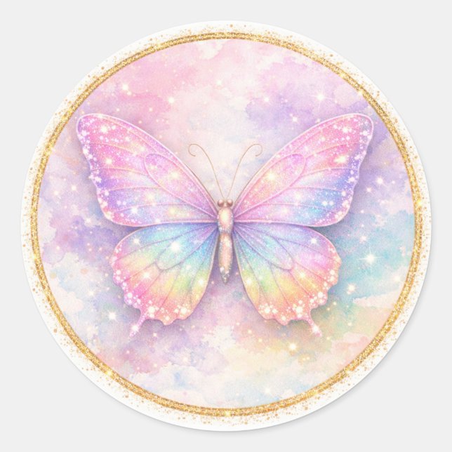 Adesivo Redondo Círculo de Borboleta com Glitter Pastel (Frente)