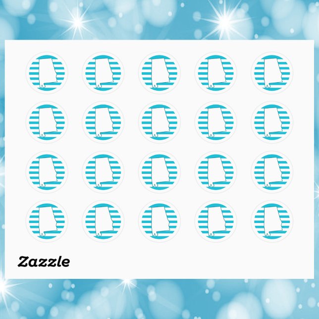 Adesivo Redondo Circulo de Contorno do Estado do Alabama, EUA (A sticker with the state outline of Alabama in front of a blue circle.)