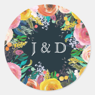 Adesivo Redondo Círculo de Coroa Floral Pintada Iniciais Rótulo Pe