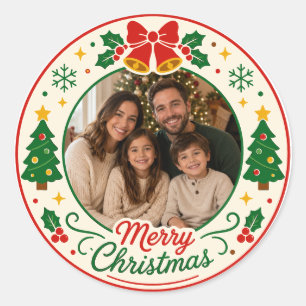 Adesivo Redondo Círculo de Foto de Natal Personalizado da Família