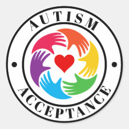 Adesivo Redondo Círculo de Mãos e Coração de Aceitação do Autismo