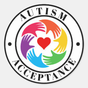Adesivo Redondo Círculo de Mãos e Coração de Aceitação do Autismo