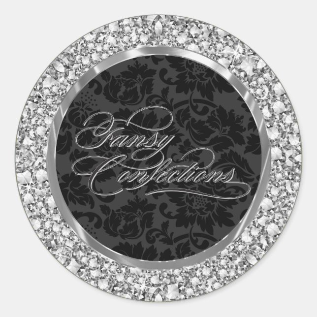 Adesivo Redondo Círculo Faux Diamond & Black Damask incrustado (Frente)
