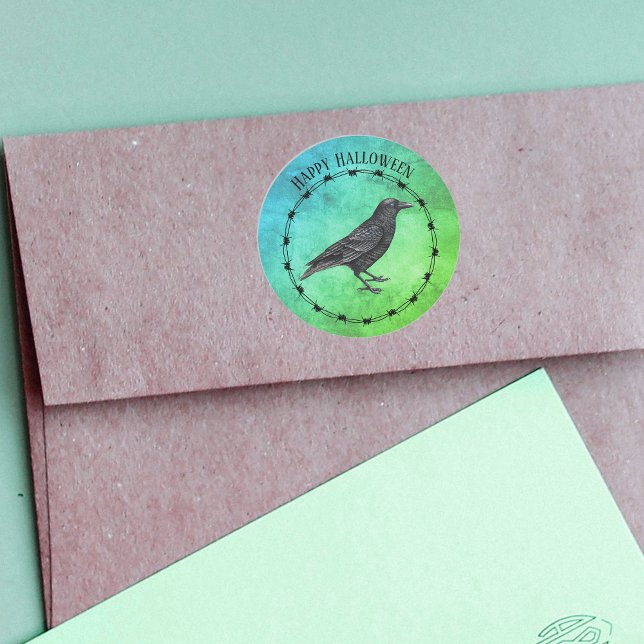 Adesivo Redondo Círculo negro com arame preto com arame vermelho a (Black crow in circle of black barbed wire on shades of green and blue on Halloween stickers.)