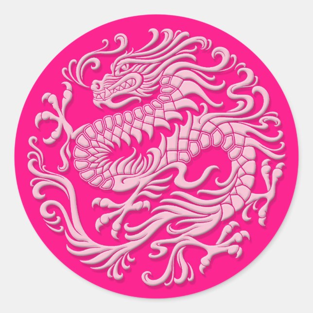 Adesivo Redondo Círculo Tradicional de Dragões Chineses Rosa (Frente)