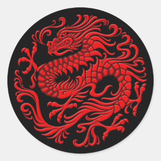 Adesivo Redondo Círculo Tradicional do Dragão Chinês Vermelho e Ne