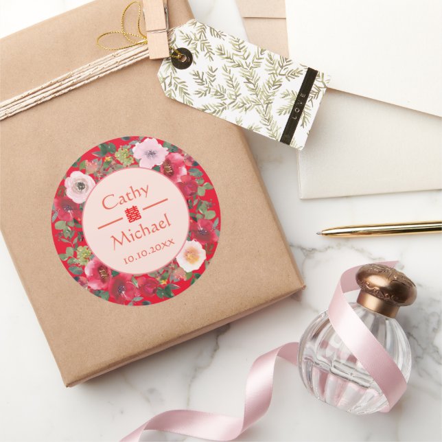 Adesivo Redondo Círculo vermelho coroa floral do casamento chinês  (Presentear)