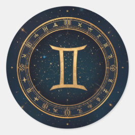 Adesivo Redondo Círculo Zodiacal Gêmeos Dourados Com Noite Estrela