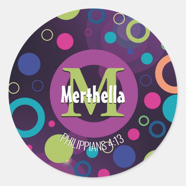 Adesivo Redondo Círculos Coloridos Modernos Monograma Púrpura Pers (Frente)