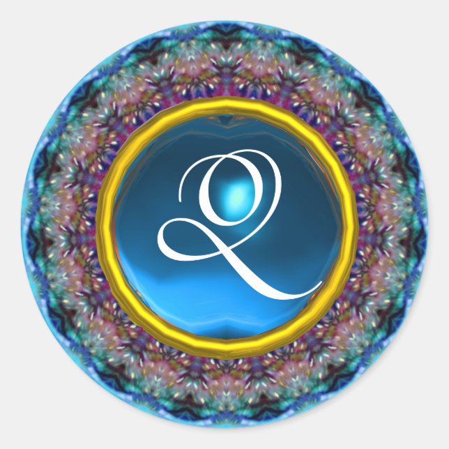 Adesivo Redondo CÍRCULOS PSIQUEDÉLICOS MONOGRAMA azul turquase-tin (Frente)