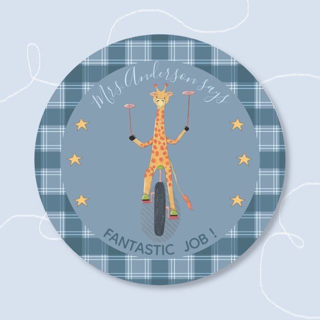 Adesivo Redondo Circus Giraffe Student Reward Blue Sticker (Circus cartoon giraffe blue round student reward sticker with teacher's name .)