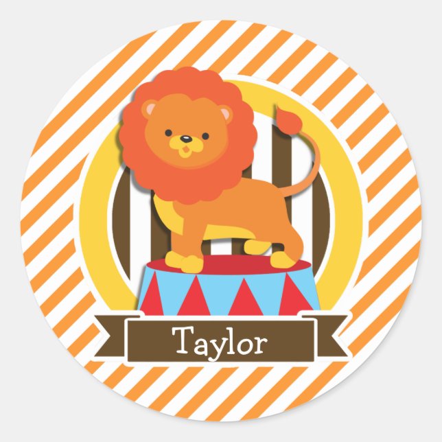 Adesivo Redondo Circus Lion; Laranja & White Stripes (Frente)