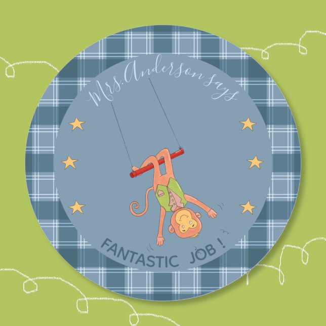 Adesivo Redondo Circus Monkey Student Blue Reward Sticker (Circus acrobat monkey student blue reward sticker .)