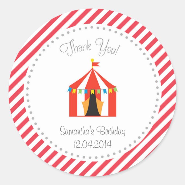 Adesivo Redondo Circus Tent Birthday Obrigado Sticker Red (Frente)