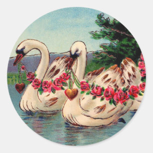 Adesivo Redondo Cisnes do vintage com as festões dos rosas & dos