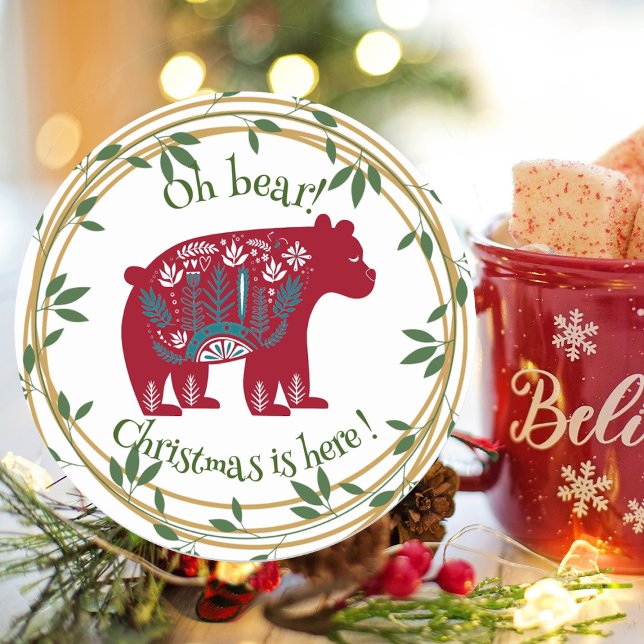 Adesivo Redondo Citação de Natal do Red Bear Verde Nórdico (Nordic Red Bear Green Wreath Christmas Quote Classic Round Sticker)