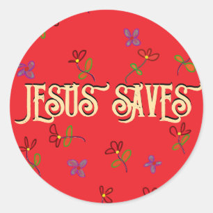 Adesivo Redondo Citação 'Jesus Salva' com Flores Vermelhas