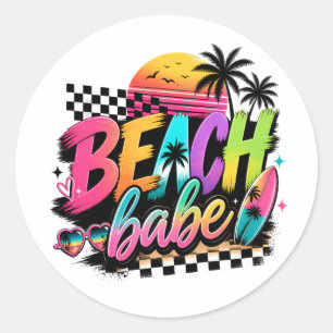 Adesivo Redondo Citação Retro Beach Babe Vibrações Tropicais Color
