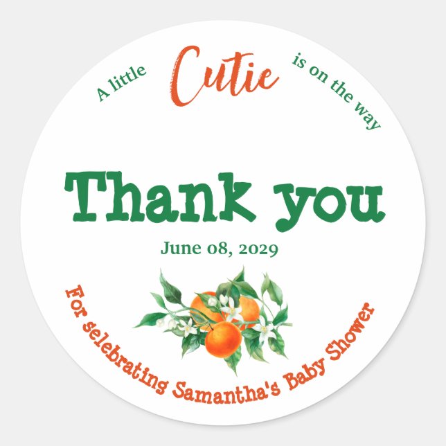 Adesivo Redondo Citrus Little Cutie Blossom - Chá de fraldas Laran (Frente)