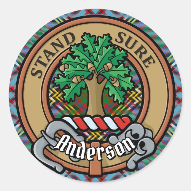 Adesivo Redondo Clan Anderson Crest sobre Tartan (Frente)