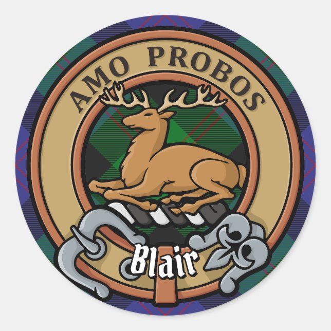 Adesivo Redondo Clan Blair Crest sobre Tartan (Frente)