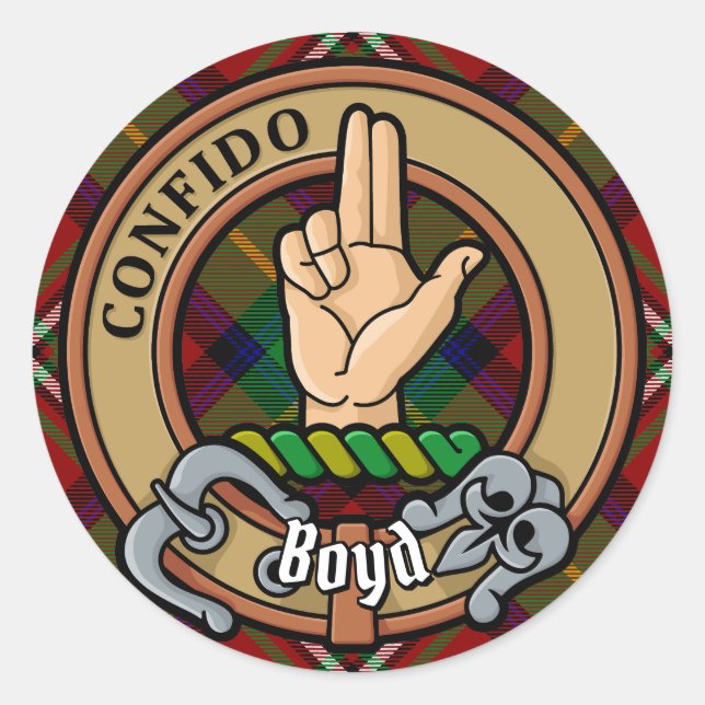 Adesivo Redondo Clan Boyd Crest sobre Tartan (Frente)