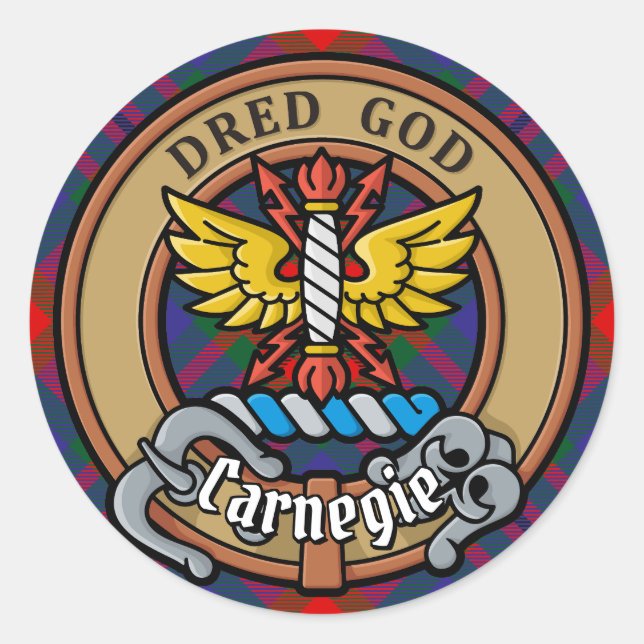 Adesivo Redondo Clan Carnegie Crest sobre Tartan (Frente)
