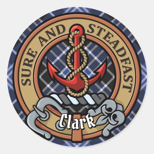 Adesivo Redondo Clan Clark Crest sobre Tartan (Frente)