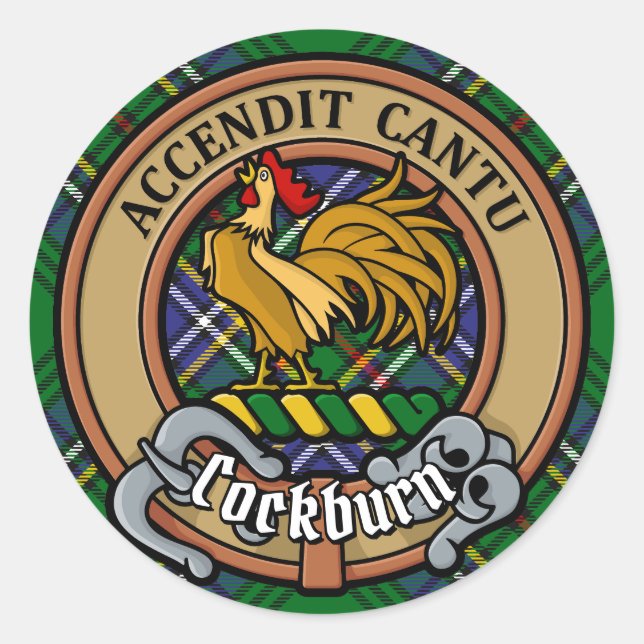 Adesivo Redondo Clan Cockburn Crest sobre Tartan (Frente)