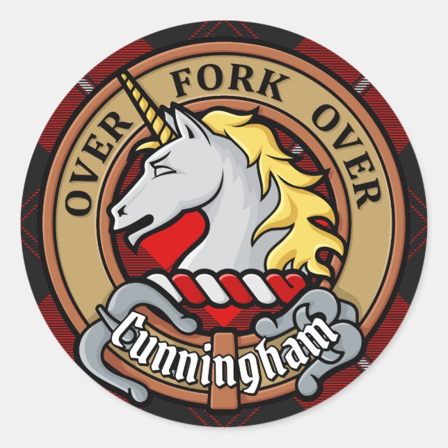 Adesivo Redondo Clan Cunningham Crest sobre Tartan (Frente)