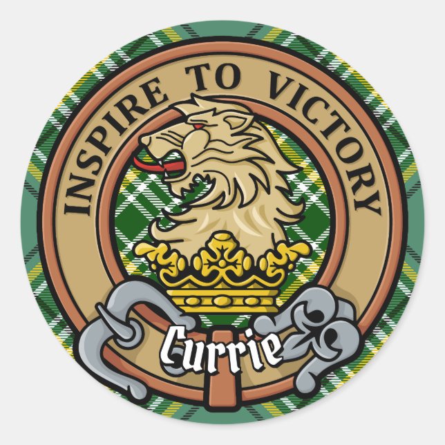 Adesivo Redondo Clan Currie Lion Crest sobre Tartan (Frente)