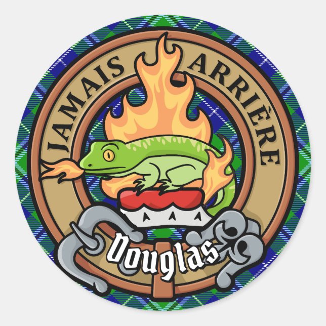 Adesivo Redondo Clan Douglas Crest sobre Tartan (Frente)