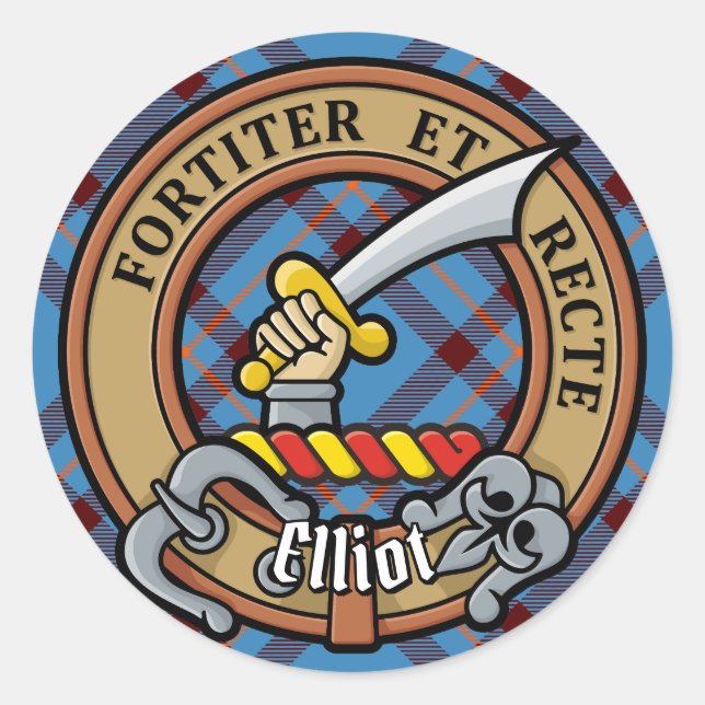 Adesivo Redondo Clan Elliot Crest sobre o Antigo Tartan (Frente)