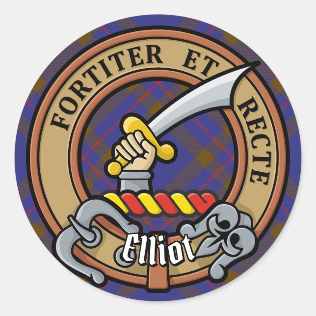 Adesivo Redondo Clan Elliot Crest sobre Tartan Moderno (Frente)