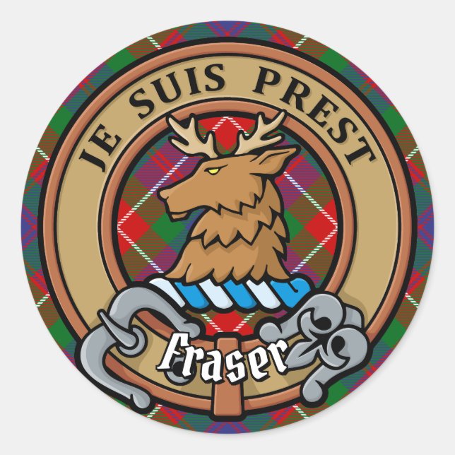 Adesivo Redondo Clan Fraser do Lovat Crest sobre Tartan (Frente)