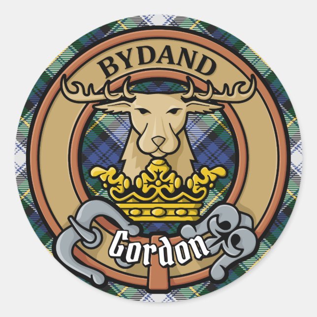 Adesivo Redondo Clan Gordon Crest sobre Dress Tartan (Frente)