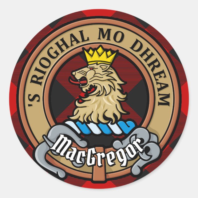 Adesivo Redondo Clan Gregor Crest sobre Rob Roy Tartan (Frente)