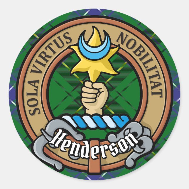 Adesivo Redondo Clan Henderson Crest sobre Tartan (Frente)