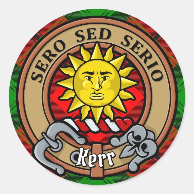 Adesivo Redondo Clan Kerr Crest sobre Tartan (Frente)