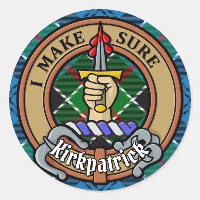 Adesivo Redondo Clan Kirkpatrick Crest sobre Tartan (Frente)