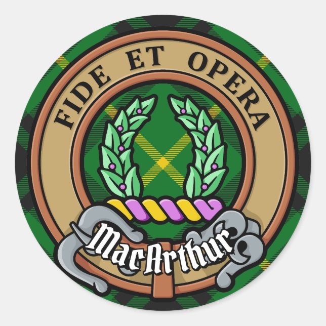Adesivo Redondo Clan MacArthur Crest sobre Tartan (Frente)