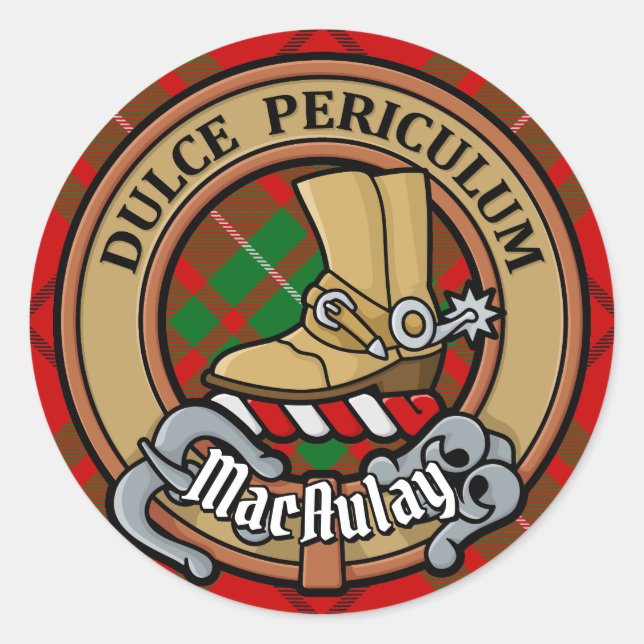 Adesivo Redondo Clan MacAulay Crest sobre Tartan (Frente)